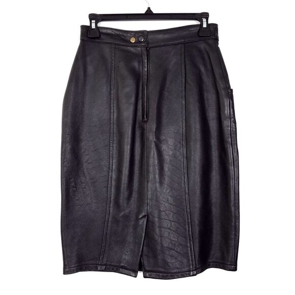 Vintage 80s Don't Stop Leather High Waist Straight Pencil Skirt Black Size 8 - Picture 2 of 6